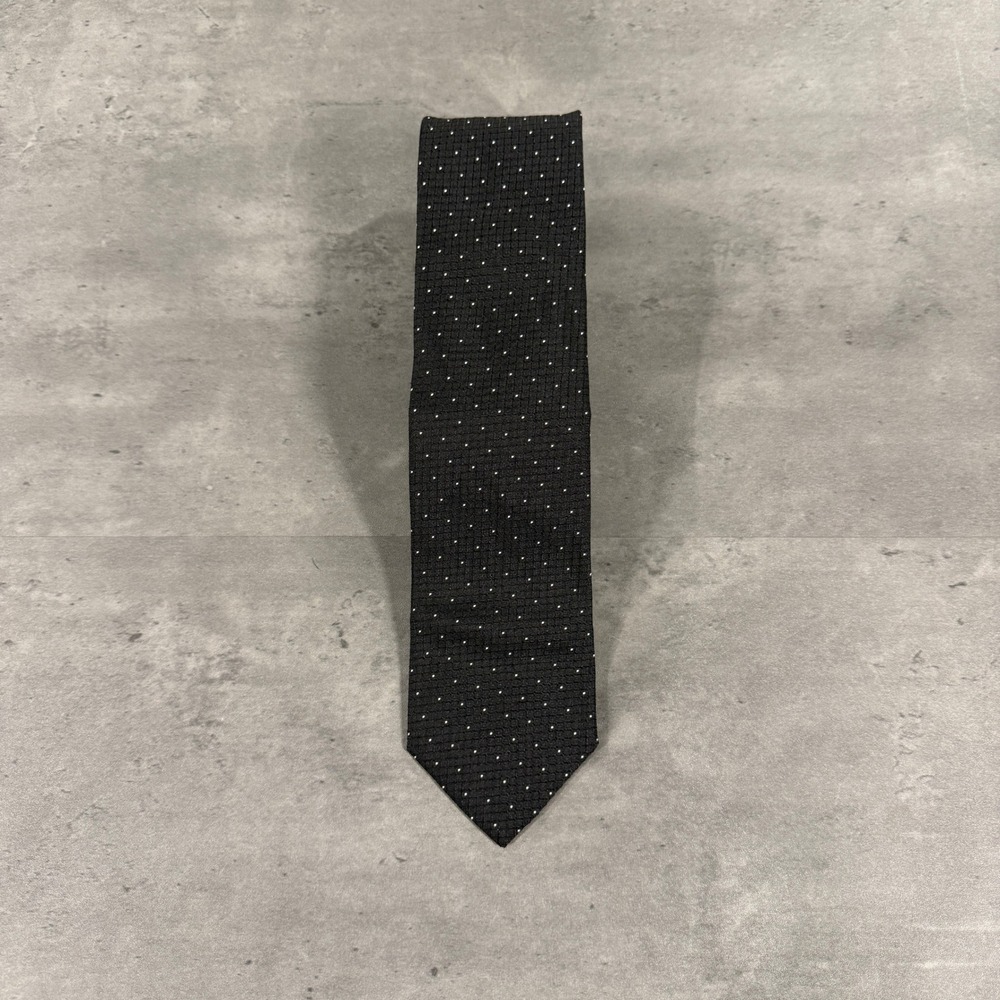 Hugo Boss Necktie OS Black Grid Silver Micro Dot Silk Made in Italy Geometric